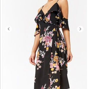 Open Shoulder Floral Wrap Dress